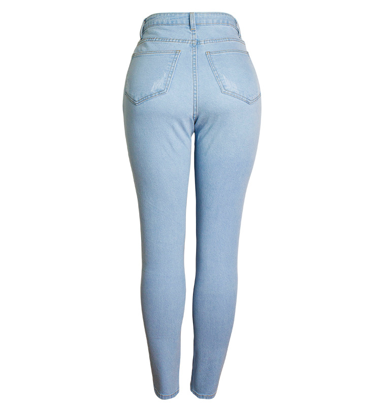 Vêtements pour femmes, pantalon en denim extensible slim taille haute, jean slim délavé de couleur unie_voghion.com