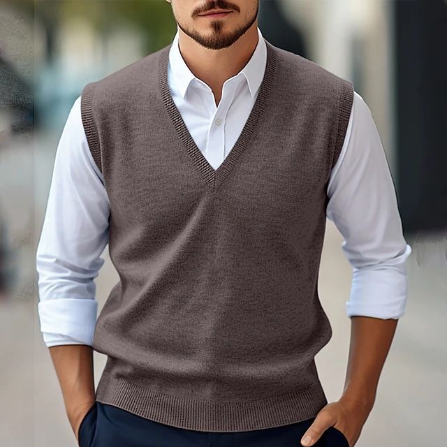 Herren Wollweste Lässig Einfarbig V-Ausschnitt Ärmellos Strickpullover Pullover Vier Jahreszeiten Weste Hemd Herren_voghion.com