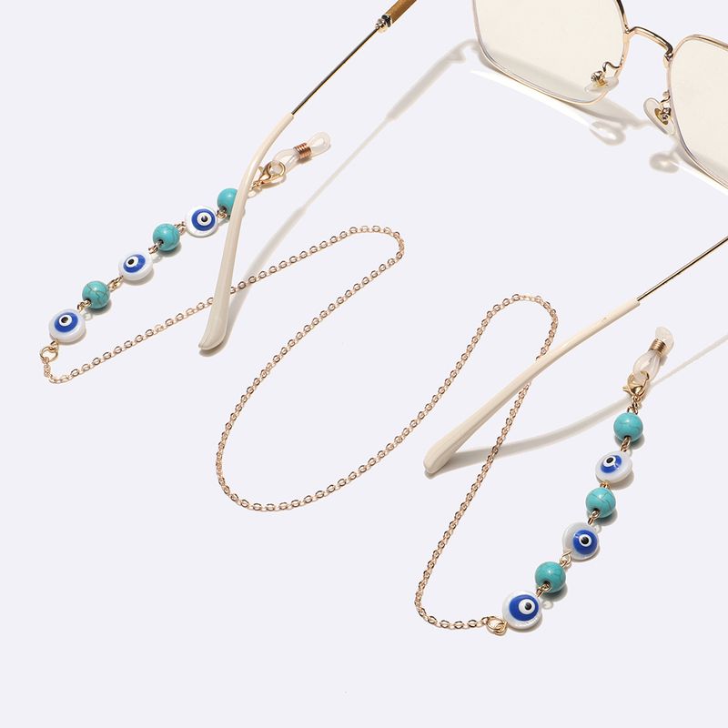 Cadena para mascarilla hecha a mano con cuentas de turquesa dorada y ojos azules, correa antideslizante para gafas._voghion.com