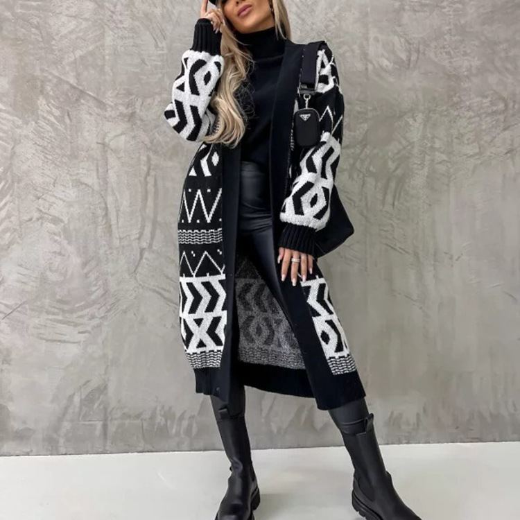 Damen-Strickjacke, mittellanger, lockerer, geometrischer, übergroßer Mantelpullover_voghion.com