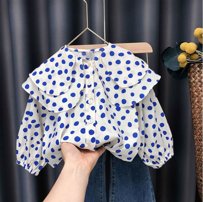 Kinderkleidung Mädchen Niedlich Polka Dot Großes Revers Hemd Plus Jeans Zweiteiliges Set_voghion.com