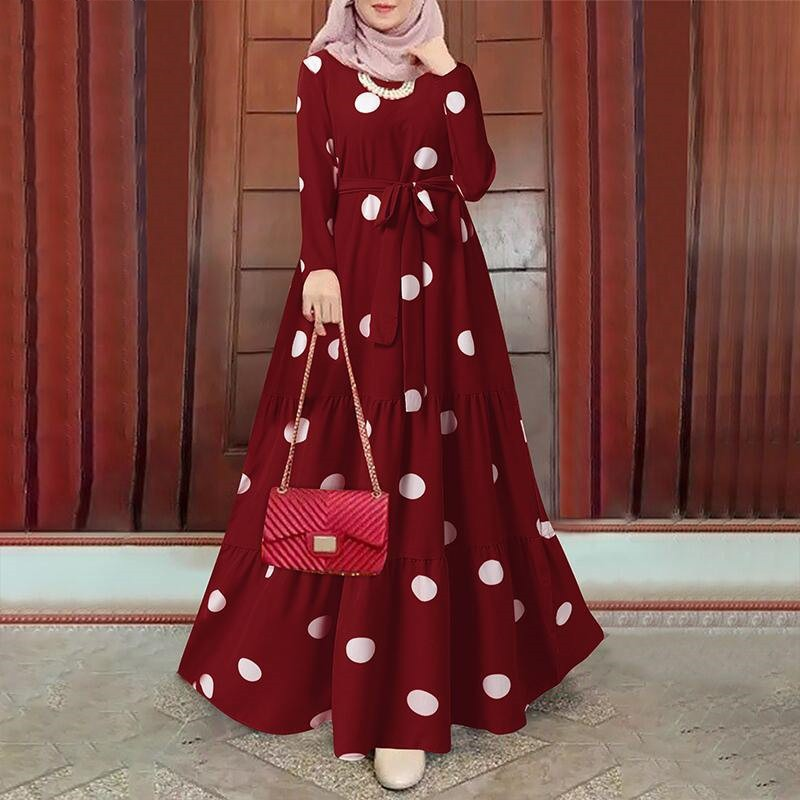 Women's Dresses Vintage Polka Dot Print Kaftan Long Dress Islamic Muslim Clothing_voghion.com