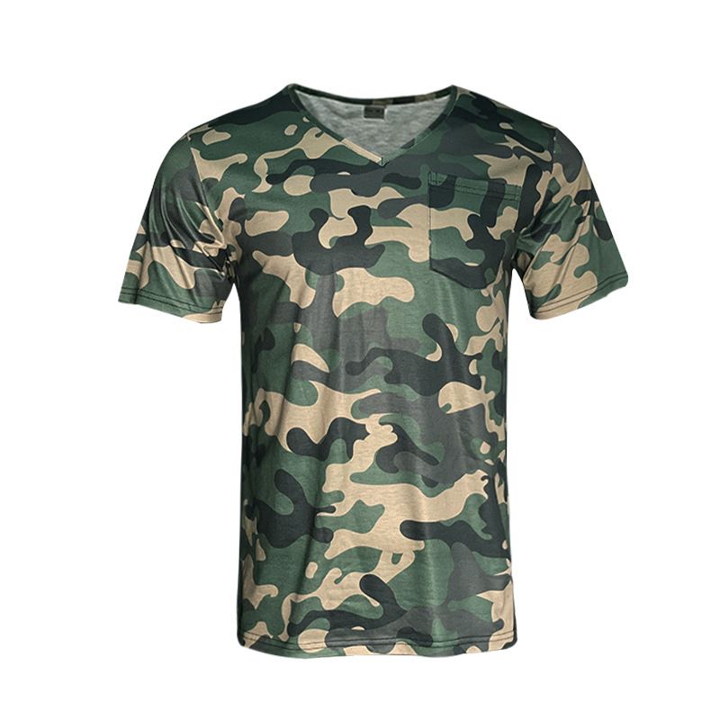 Camiseta informal de manga corta con cuello en V y estampado de camuflaje para hombre_voghion.com
