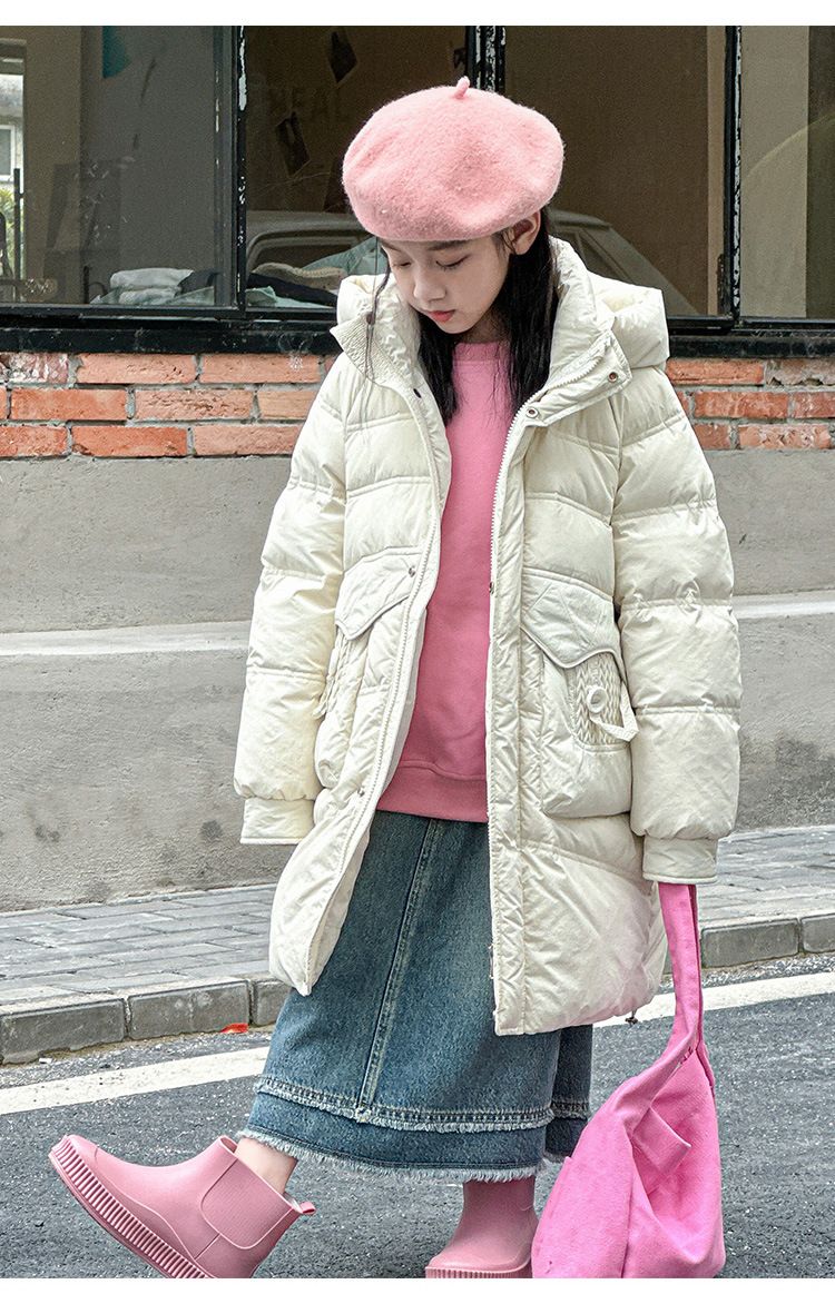 Piumino invernale in stile coreano per ragazze - Piumino con cappuccio color caramella e finiture in pelliccia, caldo e alla moda, beige/nero/rosa (120-160 cm)_voghion.com