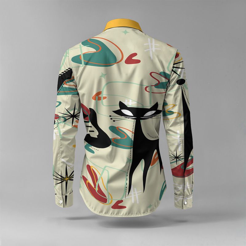 2025 Spring Summer Men Shirt Set Geometry Print Fashion Abstract Two Piece Set Mens Cat Lightweight Party Long Sleeves Suit Casu_voghion.com