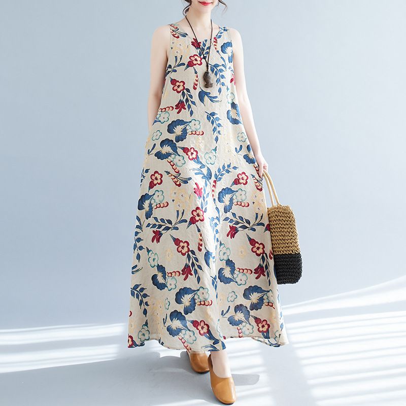 2023 Zomer Nieuwe Plus Size Dameskleding Koreaanse Versie Artistieke Losse En Afslankende Bedrukte Katoenen Linnen Mouwloos_voghion.com