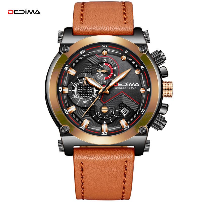 Three-eye Six-pin Multifunctional Waterproof Sports Watch Genuine Leather Strap Hot-selling Model_voghion.com