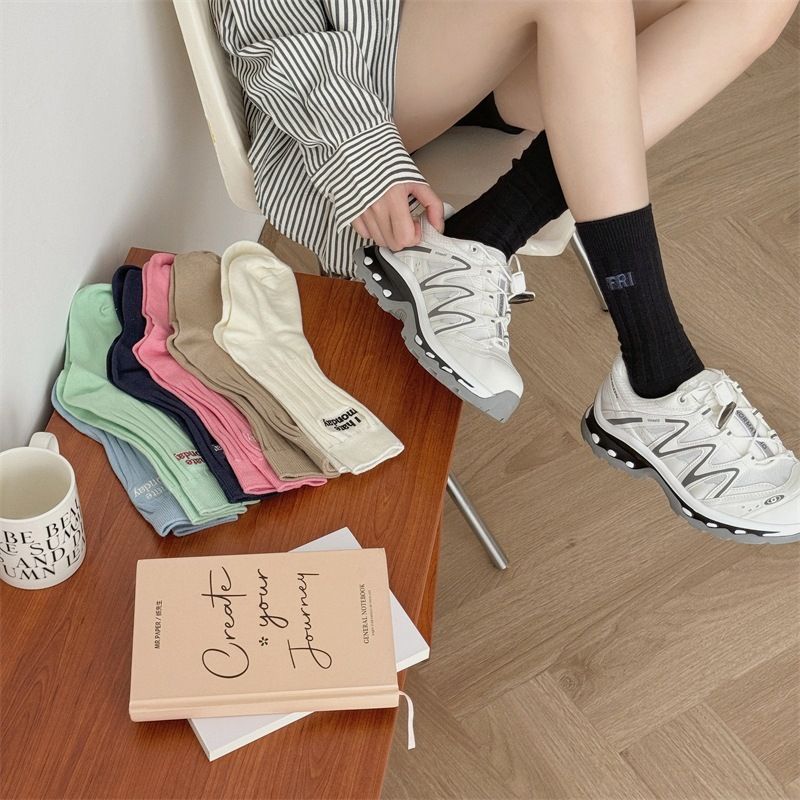 Unisex Cotton Embroidered Letter Week Socks With Candy Colors, Medium Cuff, Breathable And Comfortable For Daily Wear_voghion.com