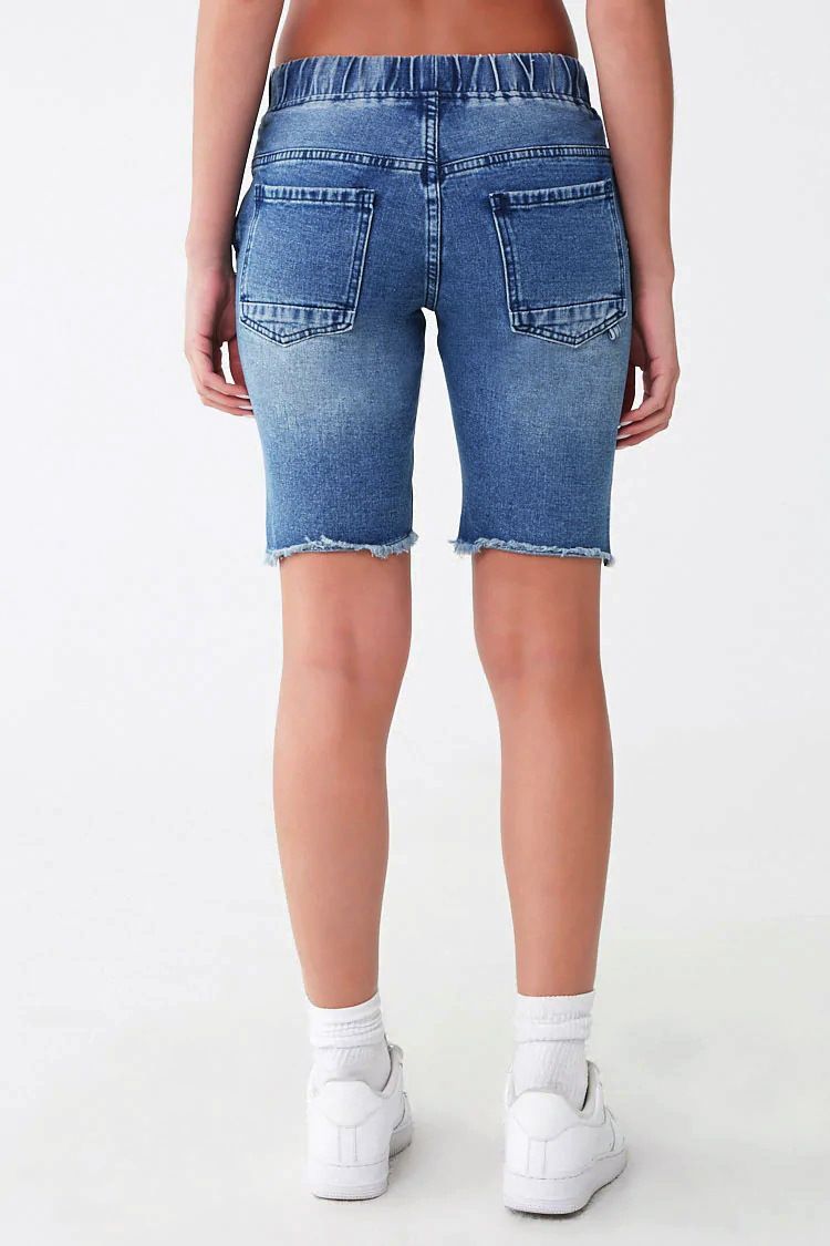 Jeans corti blu lavaggio medio elasticizzati a vita media strappati da donna_voghion.com