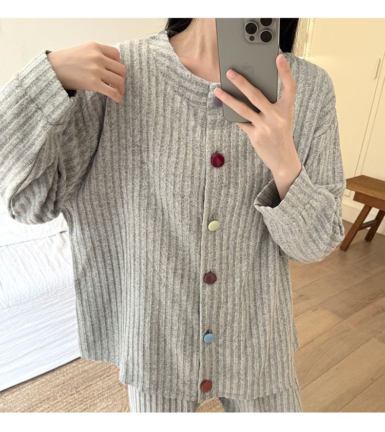 Pigiama in lana di pecora ChicShe per donna, cardigan con bottoni in colori caldi per autunno e inverno, manica lunga, dolce e semplice, casual, per la casa_voghion.com