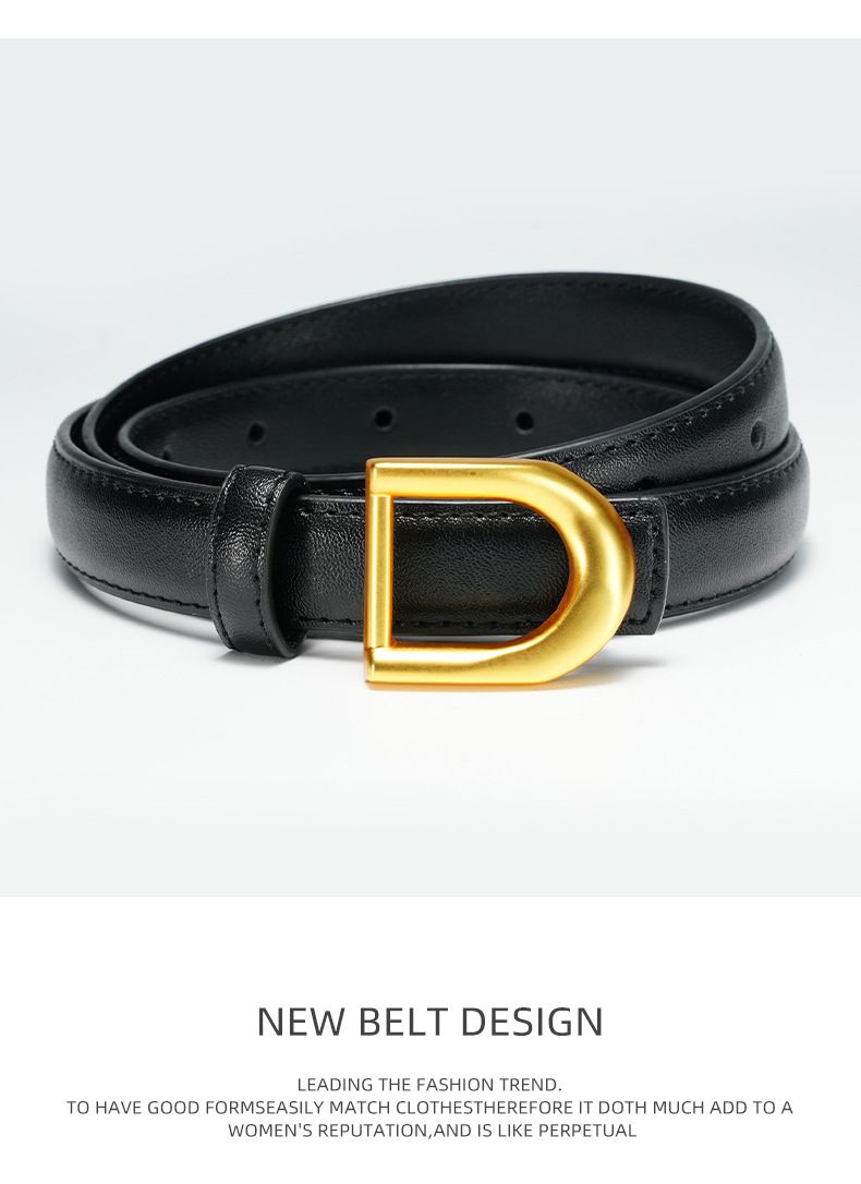 Eleganter und vielseitiger Ledergürtel mit glatter Schnalle für Kleider und Hosen, leichtes Luxus-Modeaccessoire in Schwarz, Braun und Elefantengrau mit goldener Schnalle_voghion.com