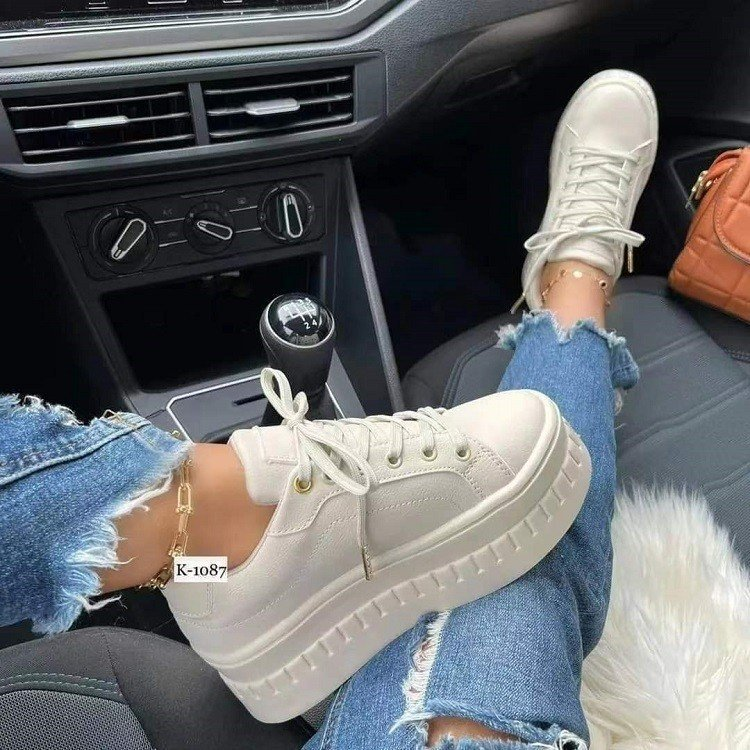 Pantofi sport cu talpă groasă, mărime mare, cu dantelă, culoare solidă, stil sport, pantofi cu talpă platformă pentru femei, culoare solidă, comerț exterior european și american_voghion.com