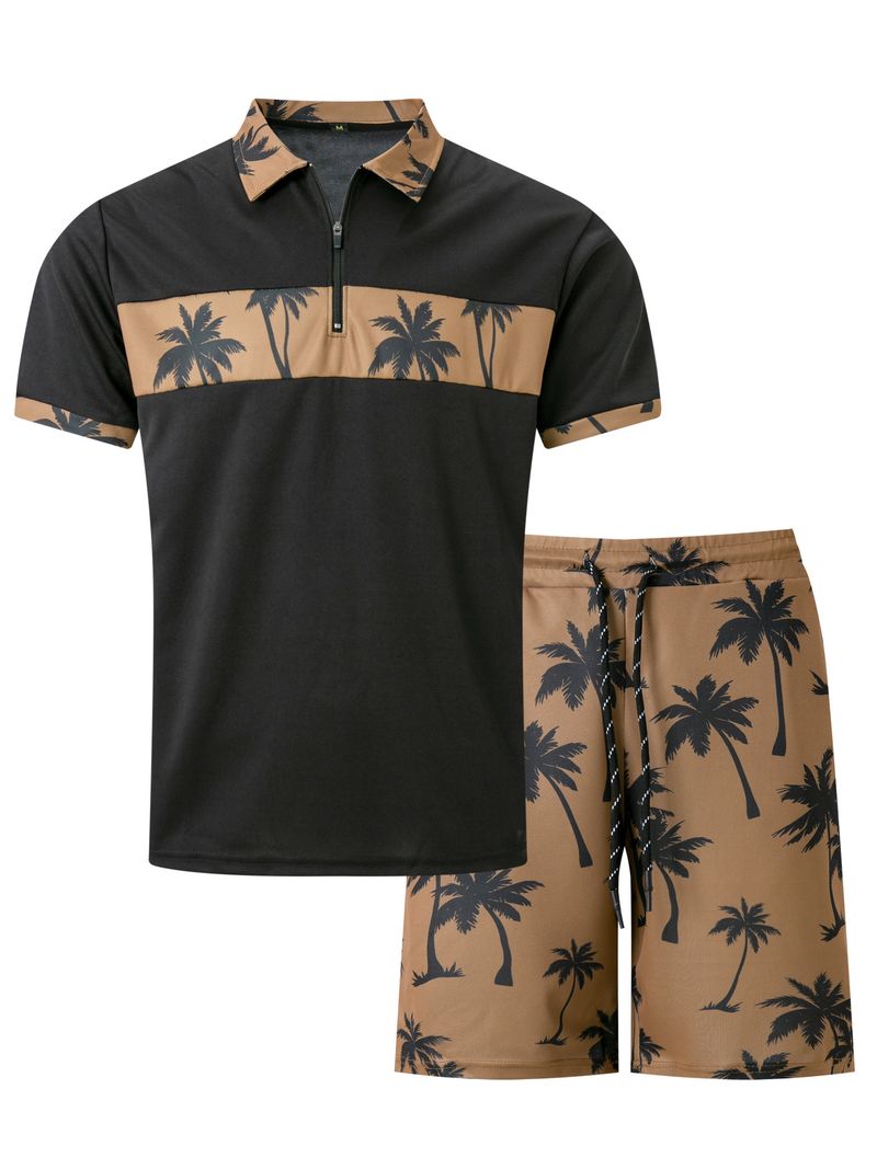 2-piece Men's Summer Holiday Style Outfit Set Short Sleeve Zip Golf Shirt & Waist Drawstring Shorts With Pockets Beach Resorts_voghion.com