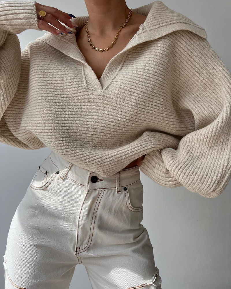 Abbigliamento donna autunno e inverno stile caldo pigro sciolto maniche a lanterna collo aperto pullover maglione corto da donna_voghion.com