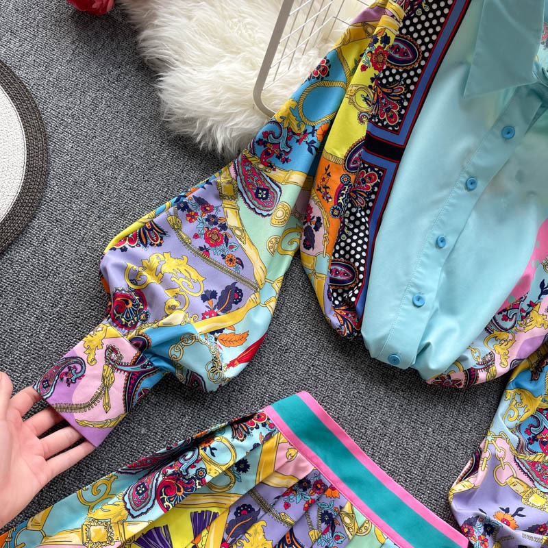 Ženska boemska eksotična srajca z napihnjenimi rokavi z reverji za ženske z visokim pasom ozko krilo za ženske_voghion.com