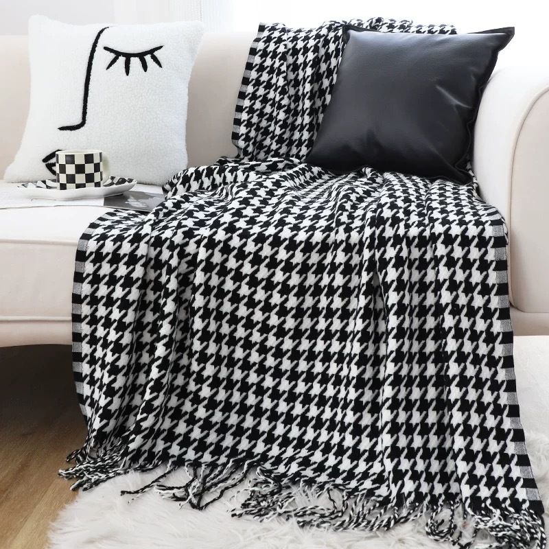Asciugamano da letto di lusso classico con motivo pied de poule, modello di camera, coperta decorativa, coperta per divano, coperta per pisolino, aria condizionata_voghion.com