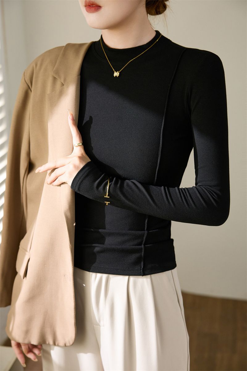 Women's Clothing Maillard high end design 2024 autumn and winter new half high collar T shirt women's long sleeved slim bottoming shirt top trend_voghion.com