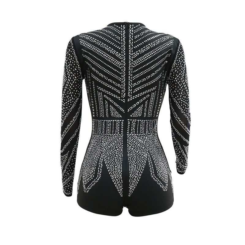 Women's clothing polyester mesh long-sleeved patchwork slim fit jumpsuit Fashionable European and American clothing_voghion.com