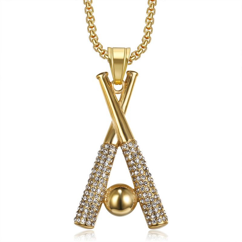 Collier créatif hip-hop en acier inoxydable avec pendentif batte de baseball et diamants_voghion.com