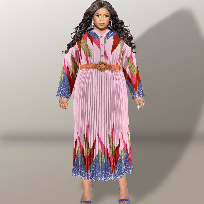 Damenbekleidung Große Größe Herbst Offene Brust Plissee Langarm Kleid Quelle_voghion.com