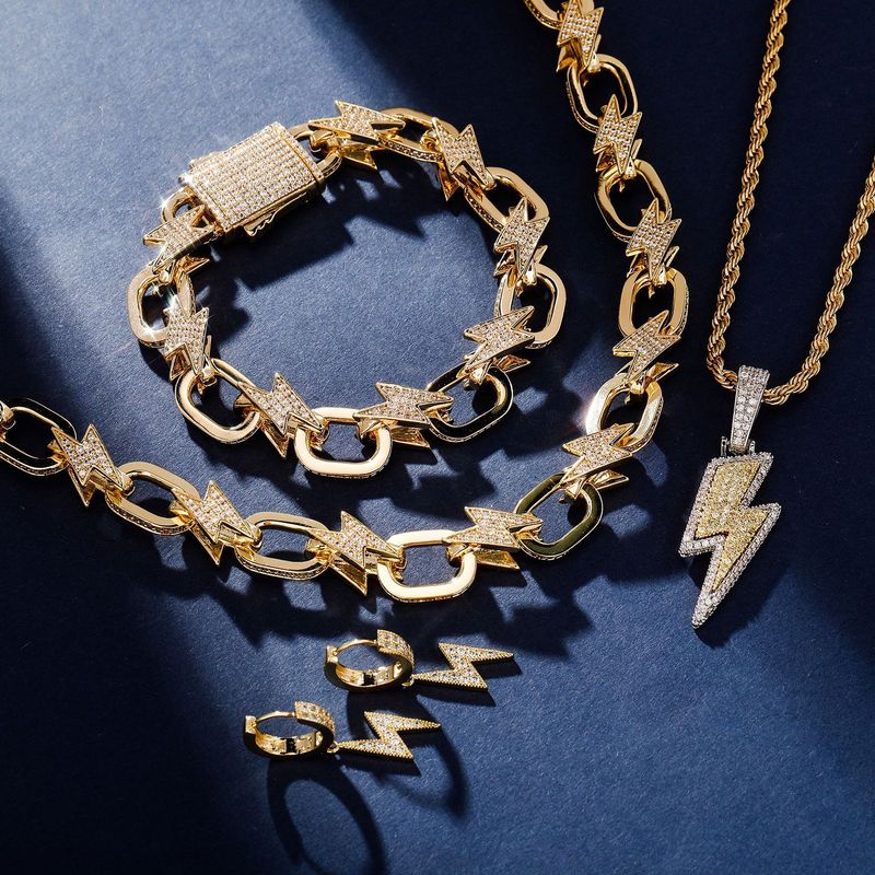 Collana con ciondolo a forma di fulmine in zirconio pieno Hip Hop, stesso stile, set di orecchini abbinati, tendenza della personalità_voghion.com