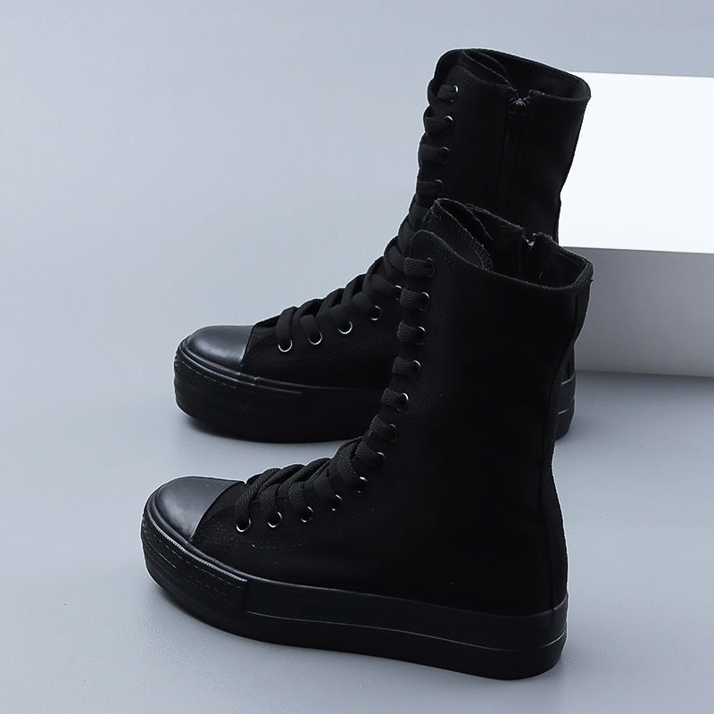 All Black High Top Canvas For Women With Raised Side Zippers, Thick Soles, Long Sleeves, White Minimalist Dance Shoes_voghion.com