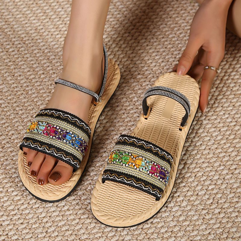 Thick sole two in one line slippers for women's new ethnic style hemp rope colored rhinestone beach sandals, large size_voghion.com