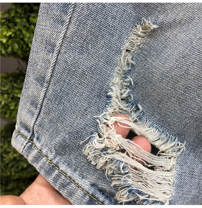 High end summer denim Korean version slim fit small leg shorts for men's trendy brand hole torn beggar five piece pants_voghion.com