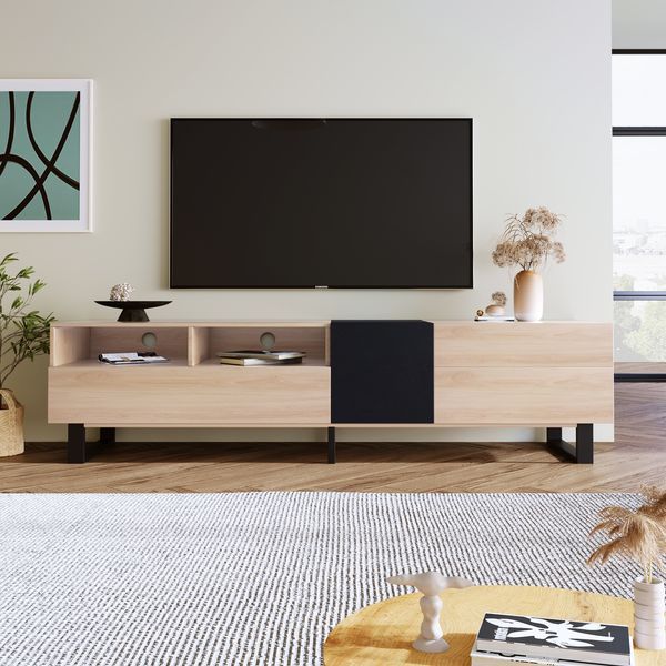 Modern TV Stand For 80'' TV With Double Storage Space, Media Console Table, Entertainment Center With Drop Down Door For Living Room, Bedroom, Home_voghion.com
