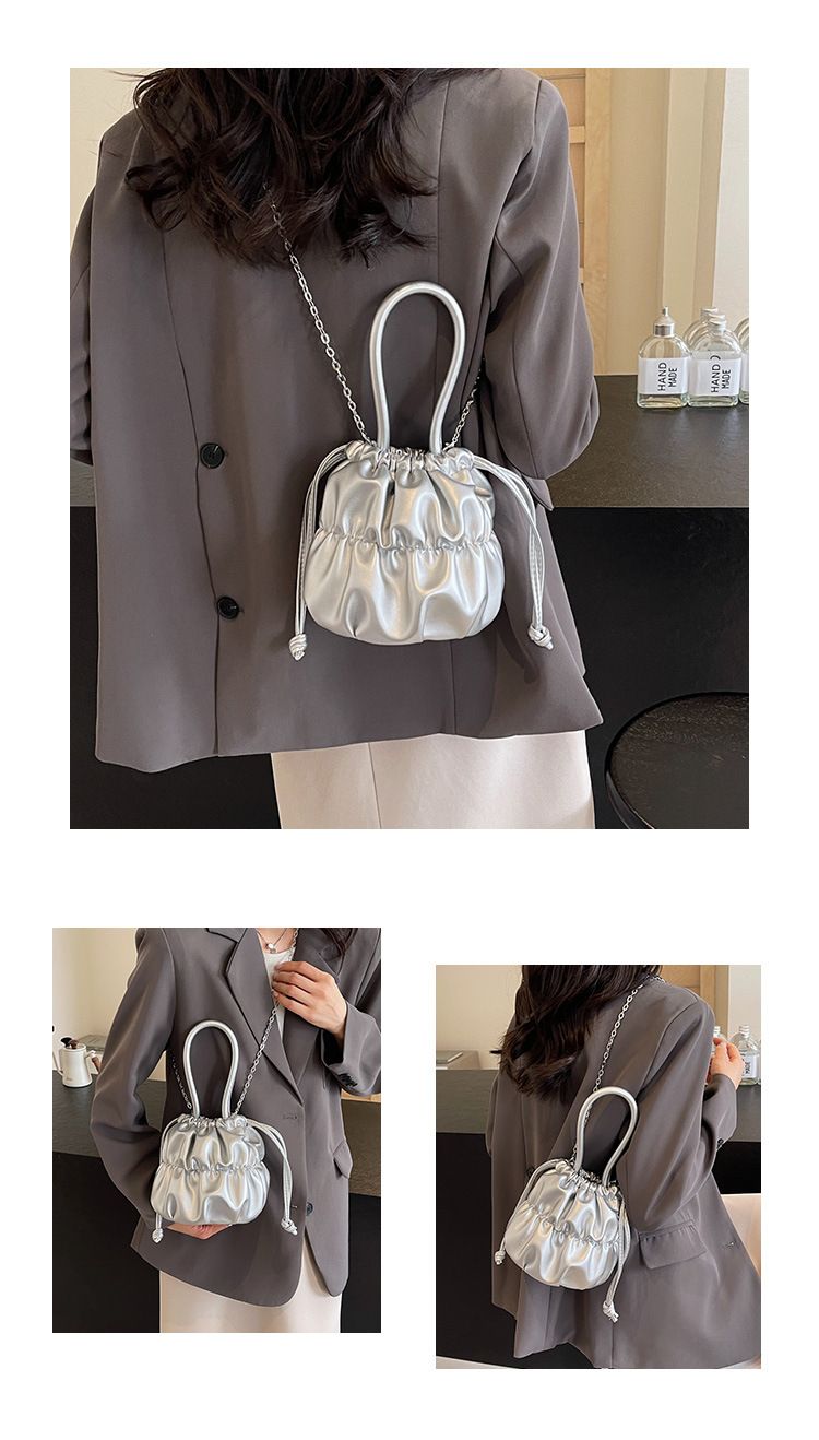 Korean high-end soft glutinous cloud bucket bag, niche pleated handbag, cute ins shoulder crossbody bag_voghion.com