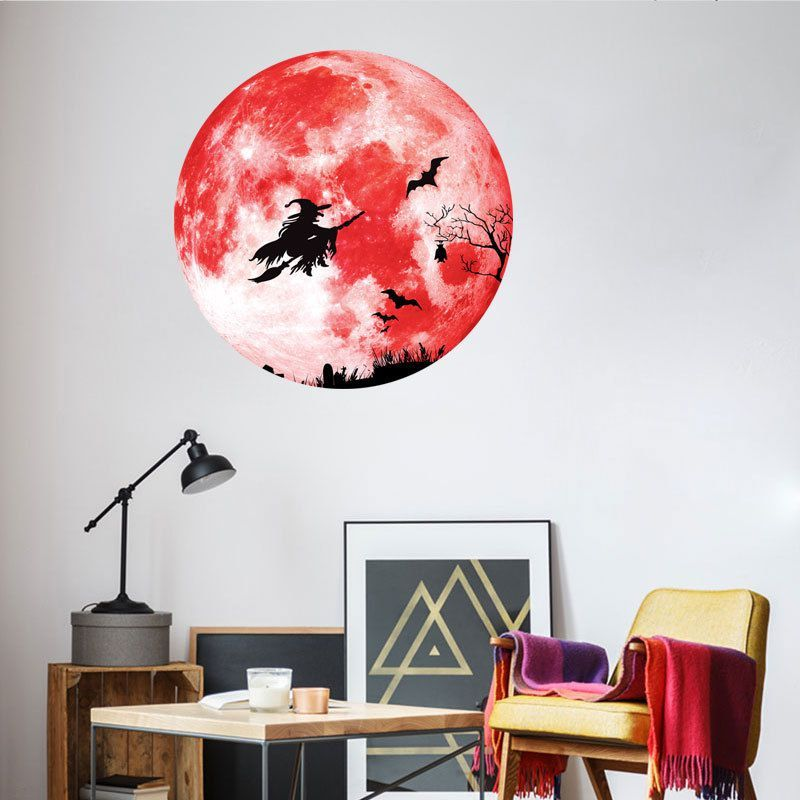 Autocollant mural créatif lumineux en forme de lune, autocollant décoratif d'Halloween, autocollant fluorescent, balai de sorcière, autocollant_voghion.com