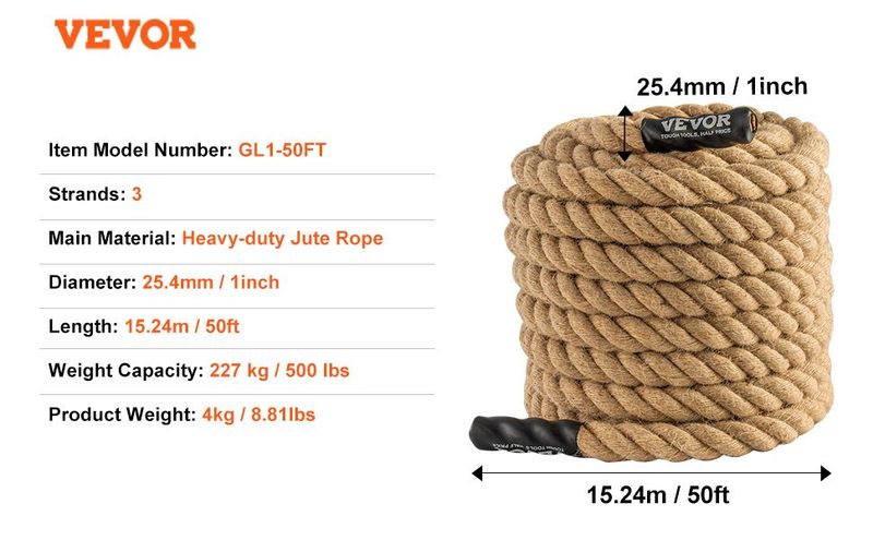 VEVOR 1"x50FT Gym Climbing Rope Fitness Strength Training Rope Home Exercise_voghion.com