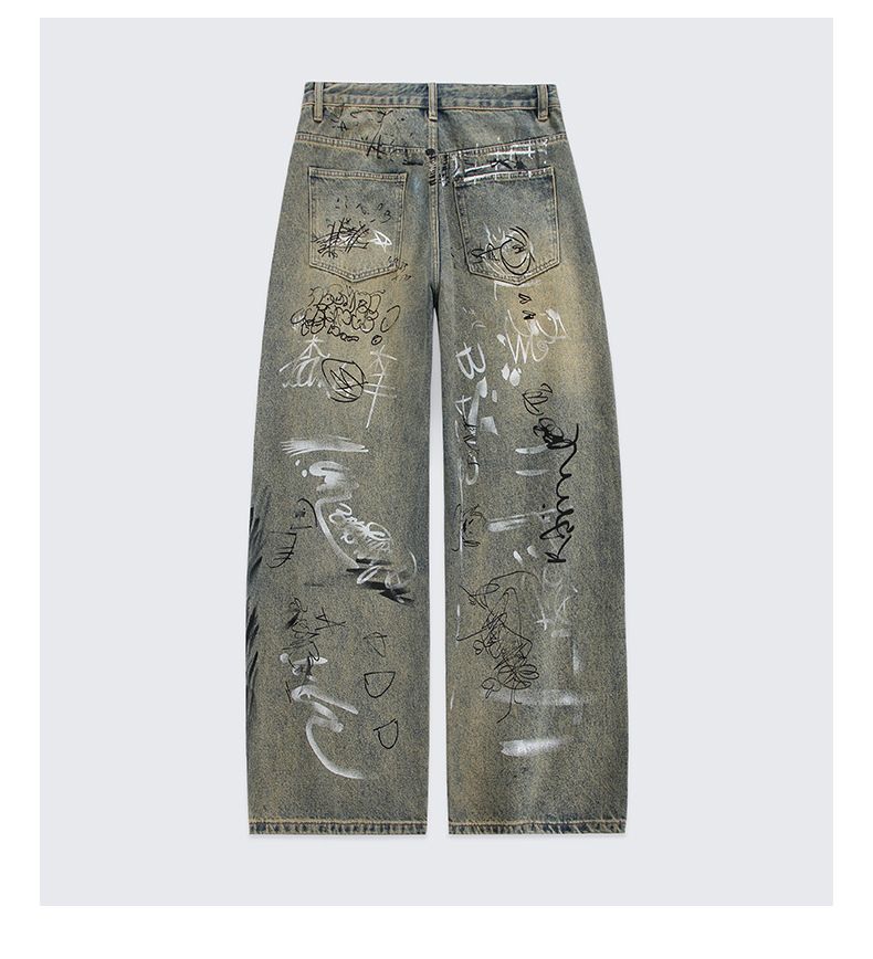 Herrenbekleidung Graffiti Handbemalte Distressed Washed Jeans für Männer Sommer Trendy High Street Lockere Weite Beine Gerade Lässige All-Match-Hose_voghion.com