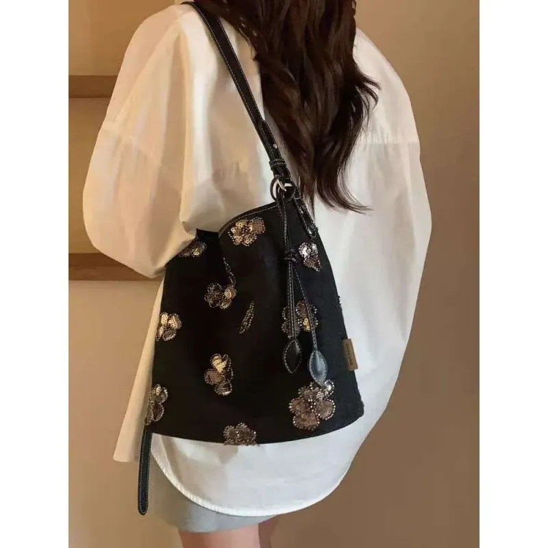 Nanfeng Chio2nd Starlight Dream Tote Black Denim Shoulder Women Glitter Flower Crossbody Bag_voghion.com