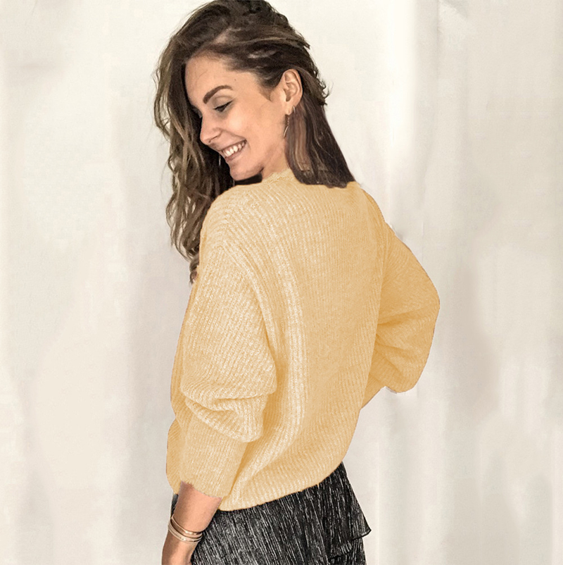 Maglione da donna in pizzo con scollo a V, maglione da donna, maglione sciolto a maniche lunghe in tinta unita_voghion.com
