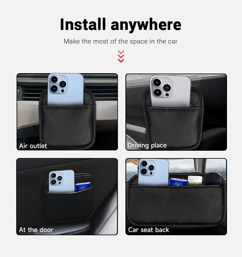 Car Leather Adhesive Hanging Phone Holder Car-mounted Creative Multifunctional Storage Box Trash Bag_voghion.com