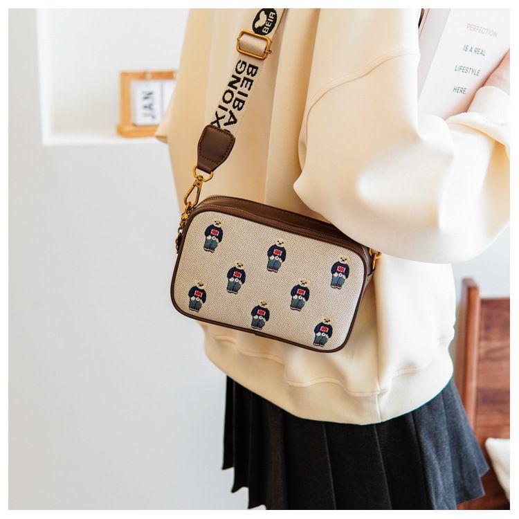 Borsa a tracolla, vera tracolla larga in tela ricamata e pelle, piccola borsa quadrata monospalla, grande capacità._voghion.com