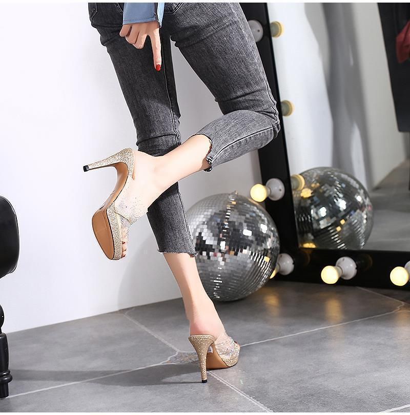 High Heeled Slippers, Waterproof Table Sandals, Summer 2025 New Style, Mesh, Rhinestone, Slim Heel, Semi Trailer,_voghion.com