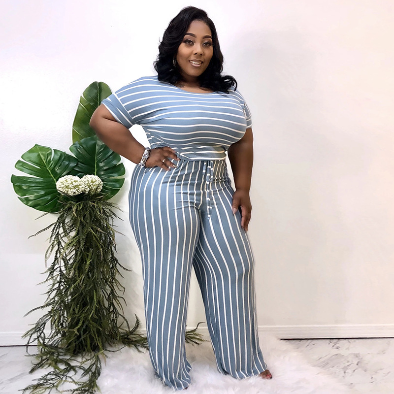 striped printed knitted stretch style women's plus size jumpsuit_voghion.com