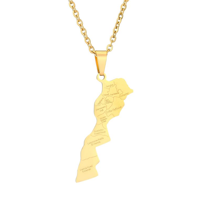 Collier avec pendentif en acier inoxydable représentant la carte et la ville du Maroc, style ethnique, accessoire de personnalité populaire_voghion.com