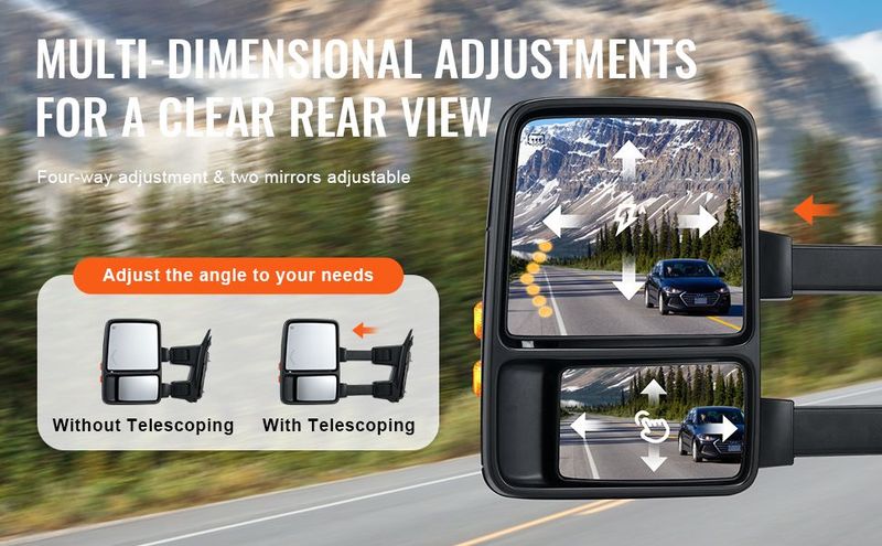 VEVOR Towing Mirrors, Left & Right Pair Set For 1999-2007 Ford F250 F350 F450 F550, Power Heated With Signal Light, Plane & Convex Glass, Manual Controlling Telescoping Folding, Heating Defrost, Black_voghion.com