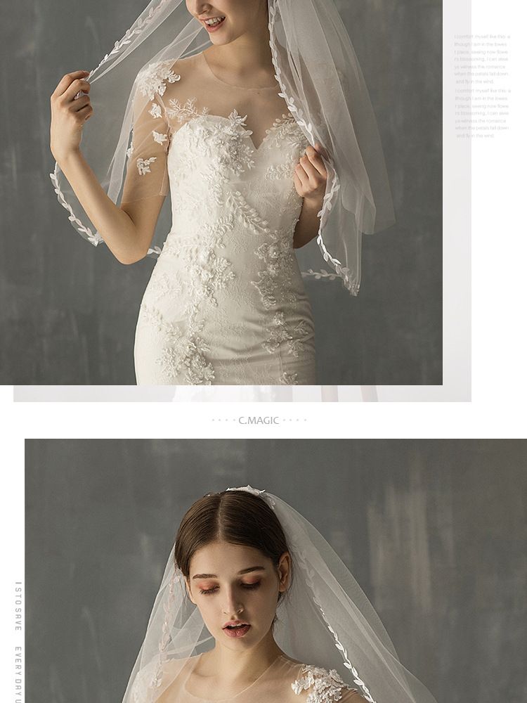 Voal de mireasă unisex V633, lungime medie, alb, dublu, cu margini din frunze Super Fairy, voal moale, Tour Beat, pentru nuntă_voghion.com