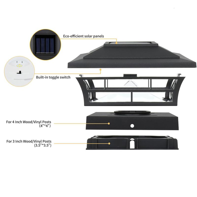 Pilar de iluminação solar LED para áreas externas - Luz quente/branca ajustável para postes de jardim, caminhos e portões (10 W, ABS IP65, modelo DC-101, pacote com 2)_voghion.com