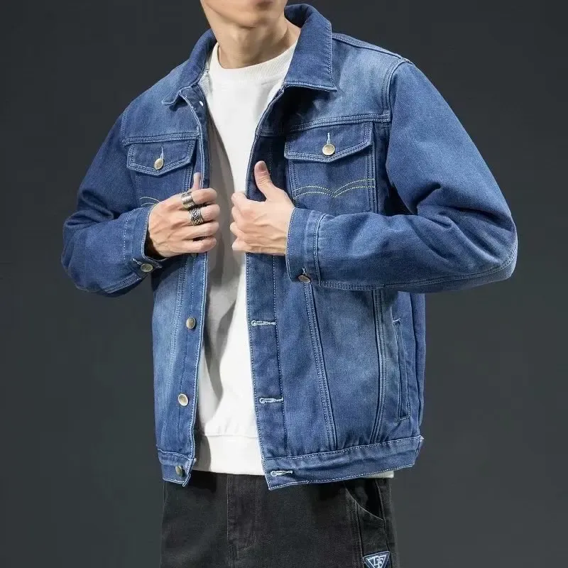 Verdikt denimjack met fleecevoering voor heren, losse pasvorm, warme werkkleding, trendy Koreaanse stijl, veelzijdige vrijetijdskleding in grote maten_voghion.com