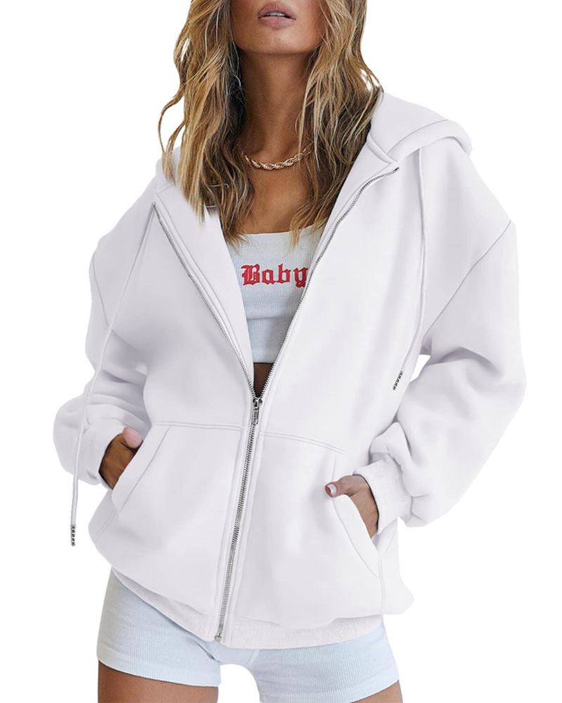 Women's Clothing Women's Cute Hooded Jacket With Drawstring - Oversized Zip-Up Sweatshirt For Teens & Girls - Cozy Fall Outerwear In Multiple Colors_voghion.com