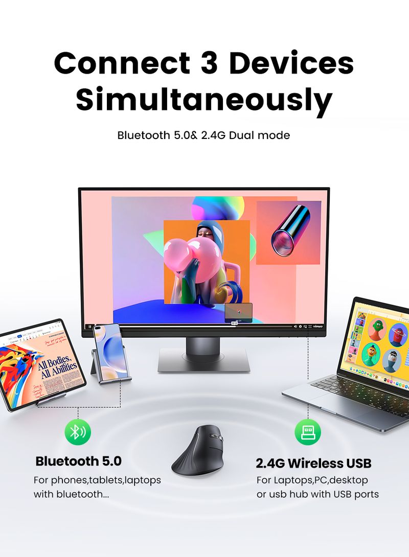 UGREEN Vertikale Maus Kabellos Bluetooth5.0 2.4G Ergonomisch 4000DPI 6 Stummschalttasten Für Buch Tablet Laptops Computer PC_voghion.com