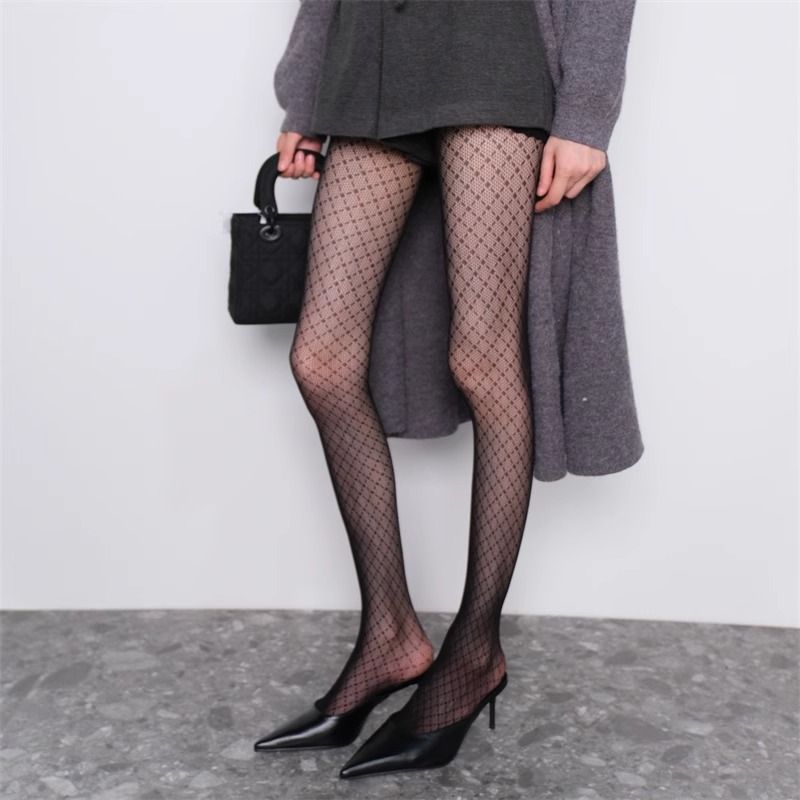 Diamond Grid Fishnet Tights – Retro Lace & Mesh Pantyhose With Slimming Vertical Jacquard_voghion.com