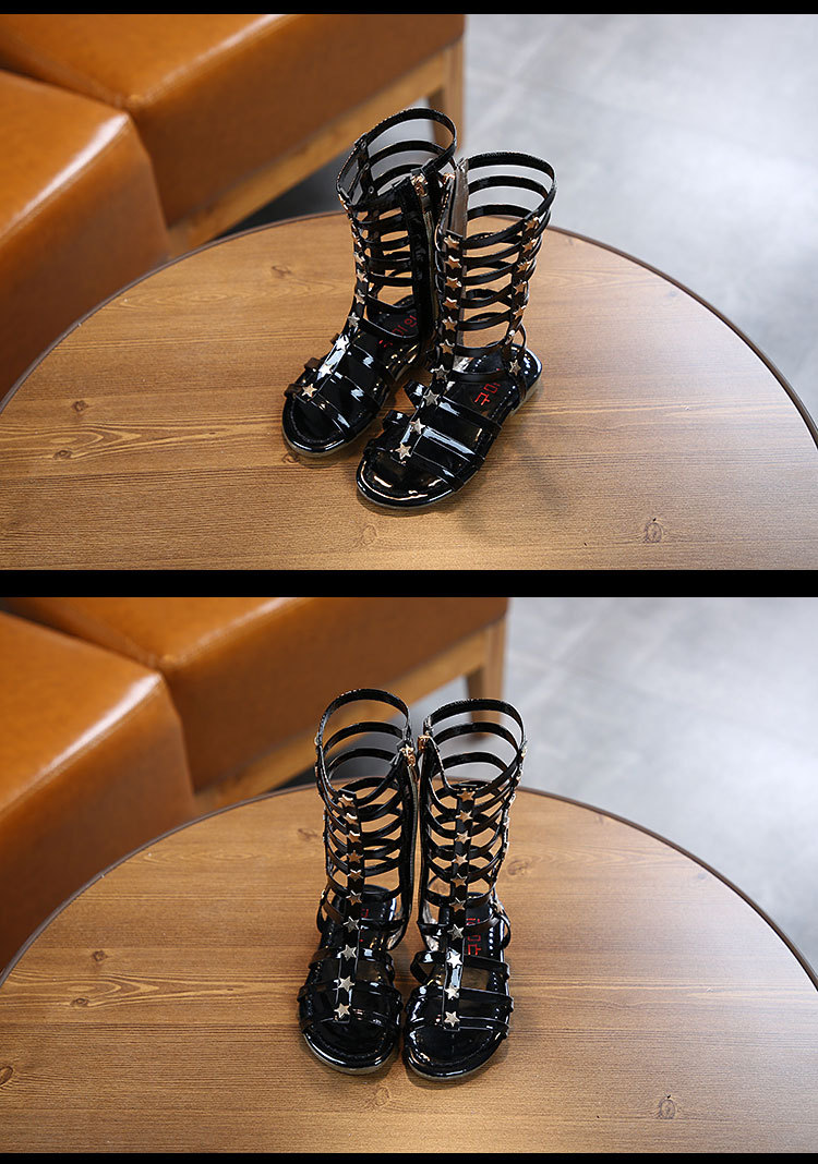 2025 Sommer Neue Kinder Nieten Sandalen Mädchen High Top Lange Hohe Röhre Stern Offene Spitze Römische Schuhe Student Sandalen_voghion.com