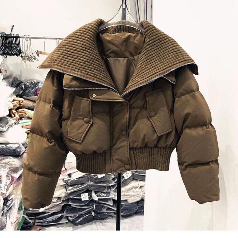 Winter Short Puffer Jacket For Women - High Waist Oversized Lapel Coat With White Duck Down, Stylish & Warm Cropped Outerwear_voghion.com