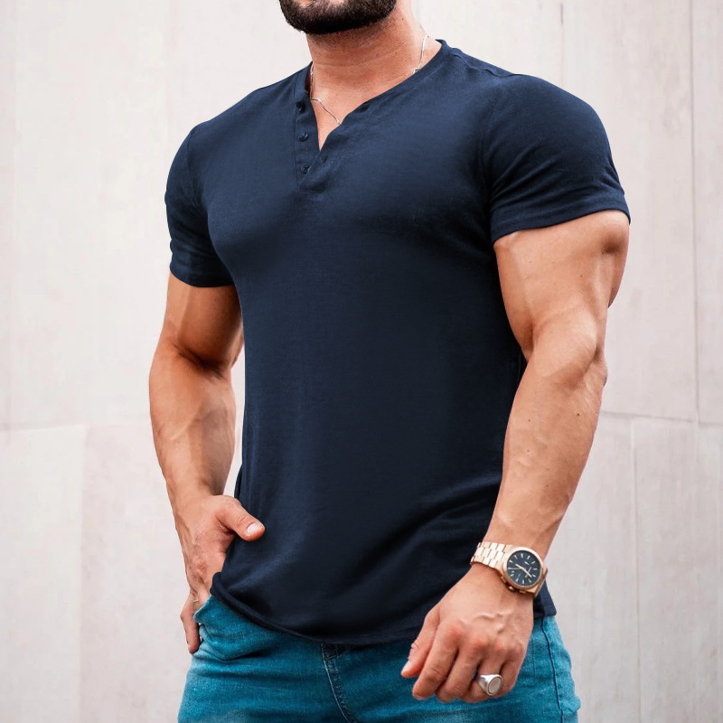 2023 Trendy Herrenmode Europäische Größe 6XL Button Henry Rundhals Kurzarm Slim Fit Einfarbiges T-Shirt_voghion.com